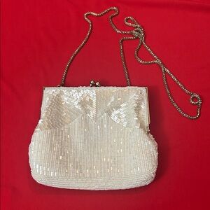 Magid Ivory Beaded Clutch with Goldtone Chain